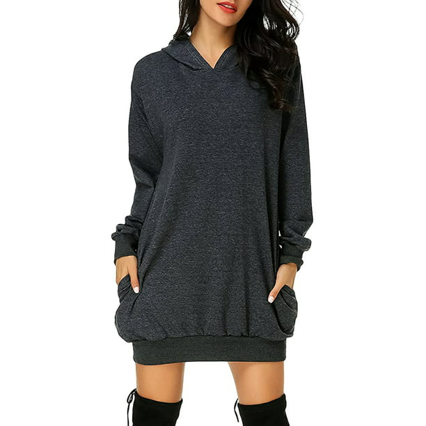 Plus size Long Sleeve Casual Hooded Dress loose stretch solid color Long Coat